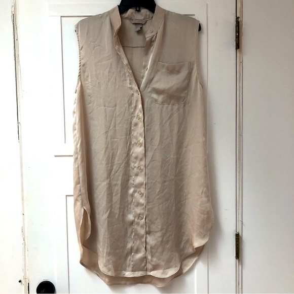 H&M sleeveless shirt dress silky texture front pocket button down taupe oyster S - Picture 1 of 8